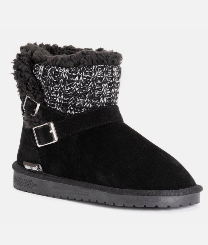 Muk Luks Women’s Ankle Bootie US 7 Black/Gray Wool Blend Knit Cuff Buckle