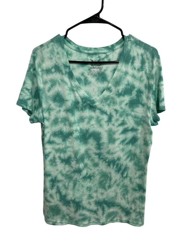 Faded Glory XL Tie-Dye V-Neck Green White Cotton Blend T-Shirt Casual Hippie