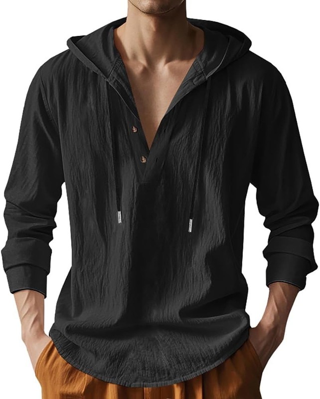 Men Cotton Linen Hoodie Shirt Long Sleeve Button Down Casual Hawaiian Beach Yoga gallery