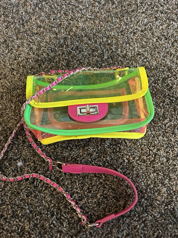 Clear PVC Colorblock Crossbody/Clutch Bag, Pink Chain Strap, Turn Lock, Small