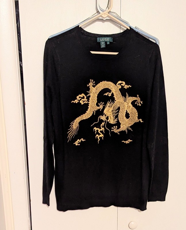 Lauren Ralph Lauren Black Gold Silk Cashmere Dragon Sweater Size 1X Plus Chinese
