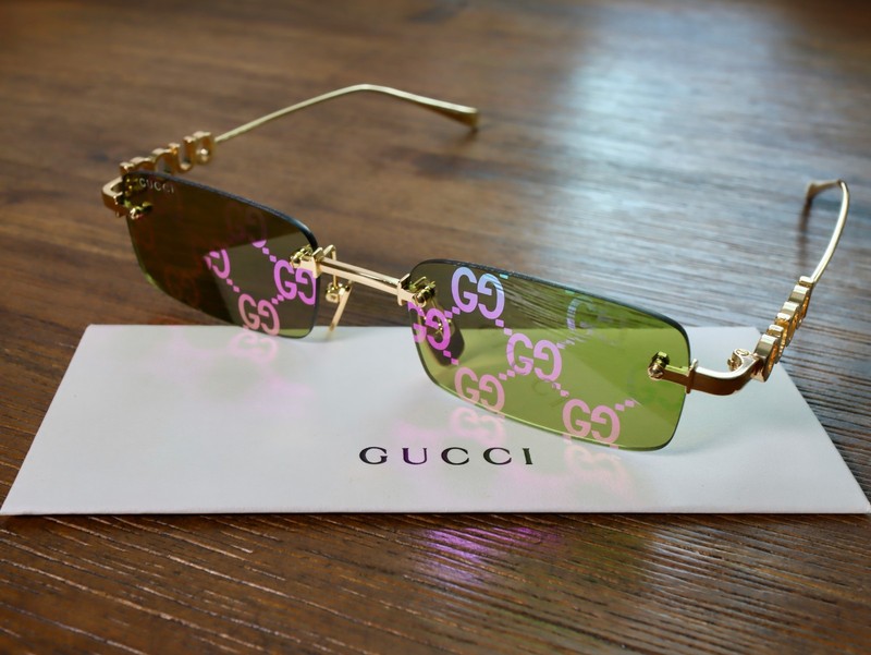 Gucci GG1808S 002 52mm Square Sunglasses in Gold/Green GG Pattern Lens gallery