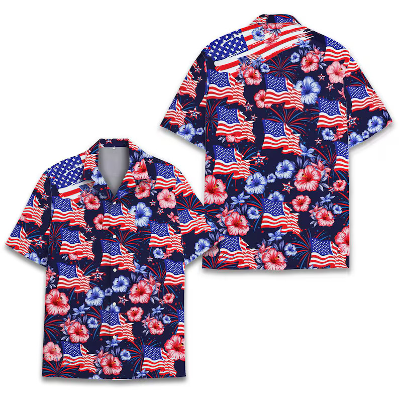 Tropical Patriotic Hawaiian Shirt Men Women Youth, 4th Of July Button-Down Shirt