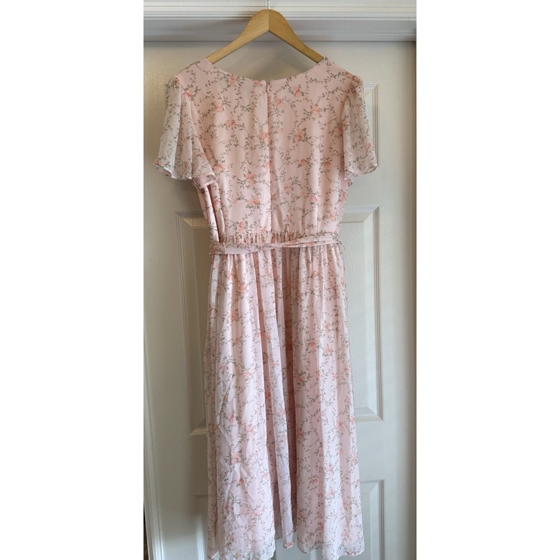 Rachel Parcell Floral Midi Dress Womens Large Pink Flutter Sleeve Chiffon Belted gallery