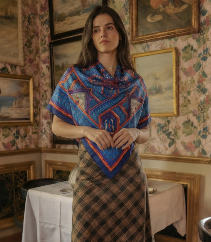 NWT Limited Italo Ferretti Blue & Red Geo Silk Foulard Made in Italy 42″x42″