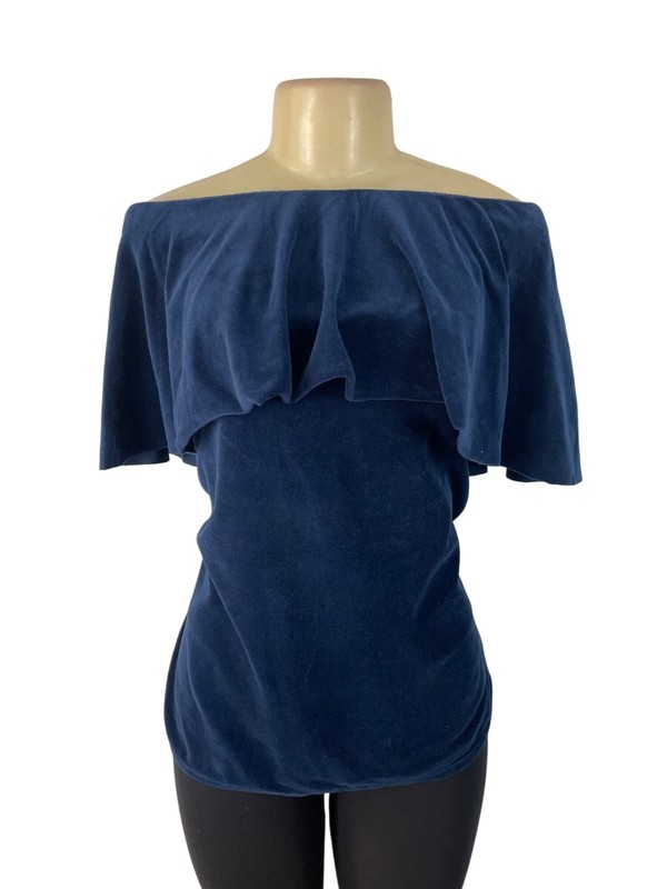 Joge Womens Navy Off-Shoulder Velour Ruffle Top Stylish Blouse Sz M