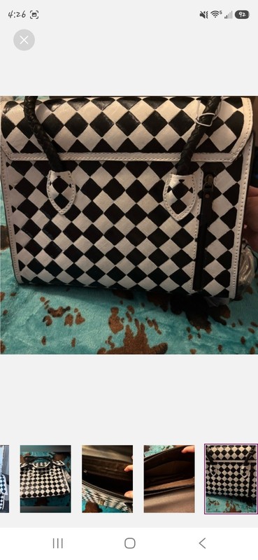 Black & White Checkered Satchel Top Handle Bag Turn Lock/Zip Gold Hardware