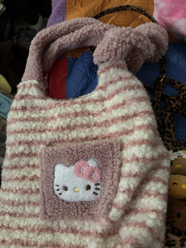 Hello Kitty Plush Small Tote Bag Pink/White Striped Lined Zip Top Handle Charm