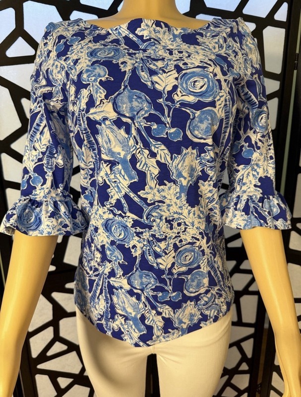 Lilly Pulitzer Blue/White Floral Boat Neck 3/4 Ruffle Sleeve Knit Top S gallery