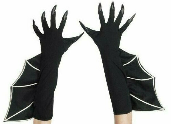 LONG BLACK FLAIRED WITCH GLOVES + NAILS Claws Bat Women Wings Costume Halloween