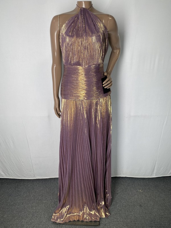 Retrofete Womens Maxi Dress Purple/Gold Size XS Thalia Halter Neck Pleated