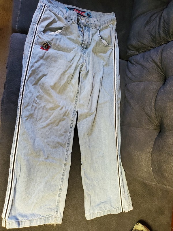 90’s Vtg Side Stripe JNCO SKUNK Blue Denim Wide Leg Jeans Men 16 Waist 42 Length