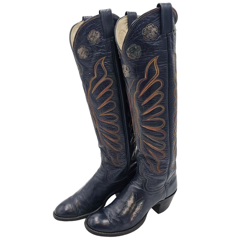 Vintage 1970s CUTTER BILL Cowgirl Boots 6B Navy Rainbow Butterfly Cowboy CBC gallery