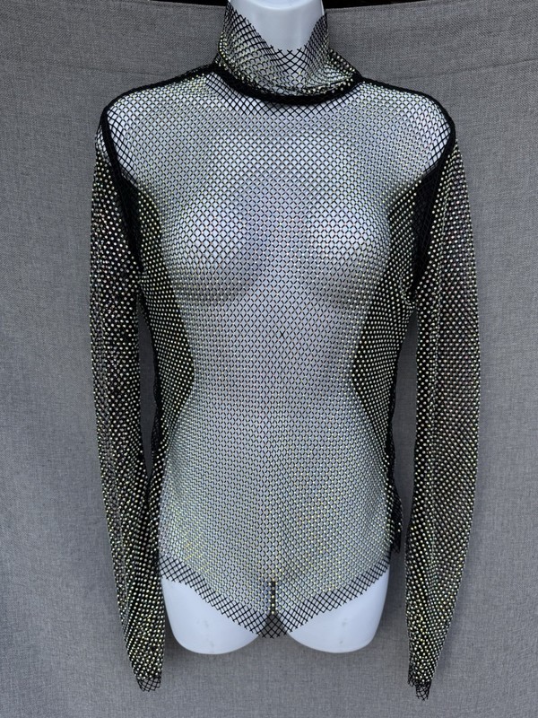Rhinestone Mesh Fishnet Long-Sleeve Overlay Top One Size