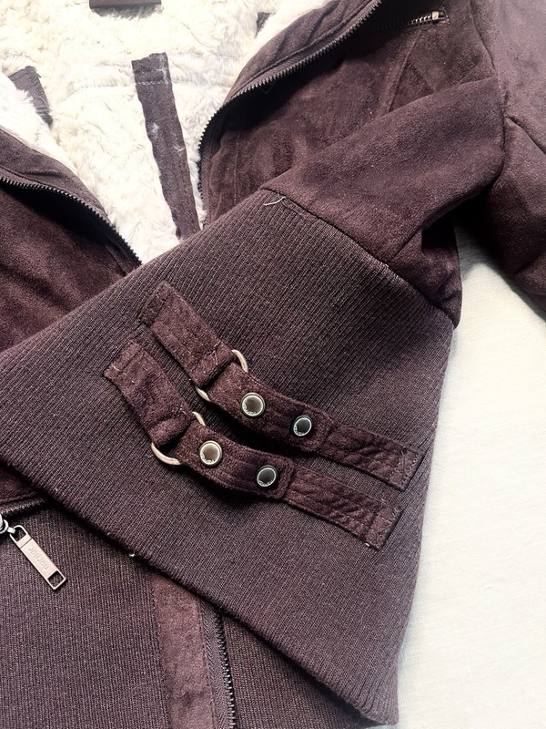 JouJou Brown/Maroon Jacket Zip Front Faux Fur Lined Buckled Pockets Women M gallery