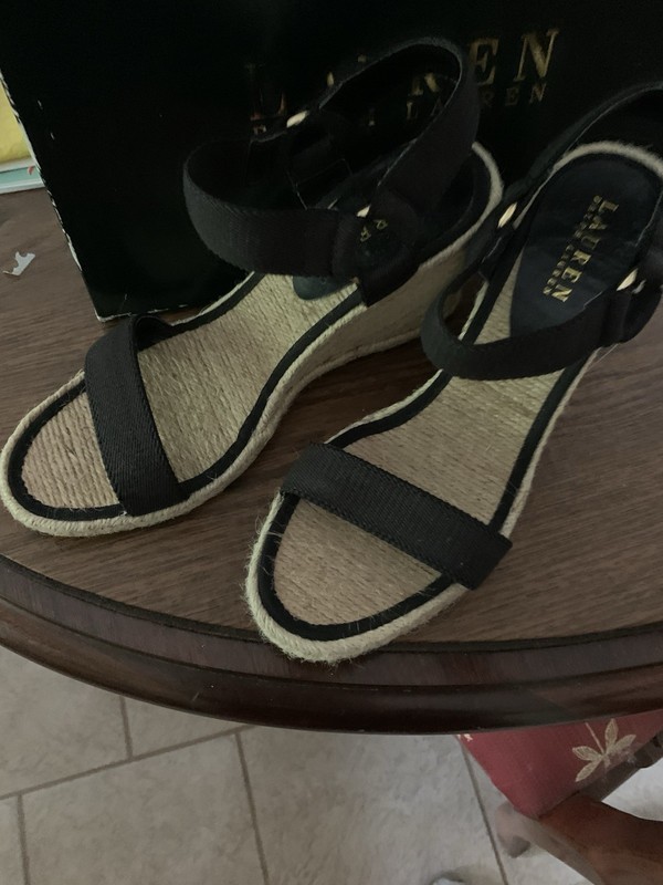 Lauren Ralph Lauren Women’s Strappy Ankle Strap Wedge Sandals 9.5 Black Beige
