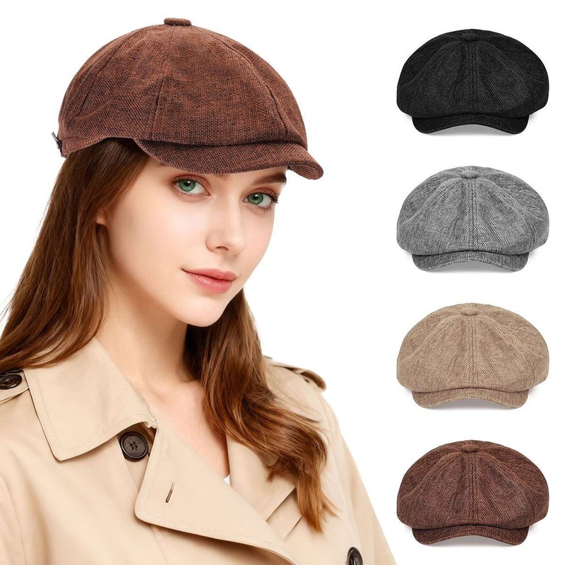 Vintage Newsboy Cap Gatsby Hat Classic 8 Panel Flat Ivy Cabbie Driver Cap Linen gallery