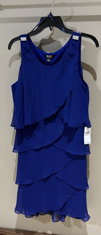 S.L. Fashions Women’s Chiffon Tiered Cocktail Dress. Size 10. New Iris