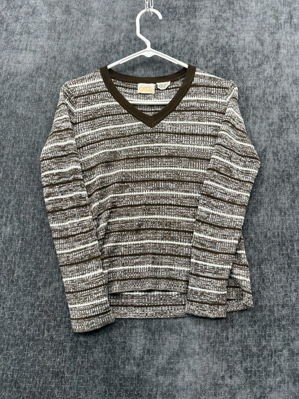 Acrylic Fibre Cropped Sweater Women Small Gray Striped Tight Knit Ribbed V Neck