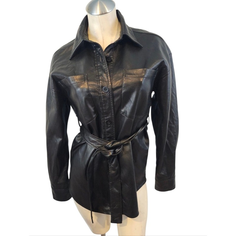 Babaton Size XS Black Faux Leather Button-Front Jacket with Belt