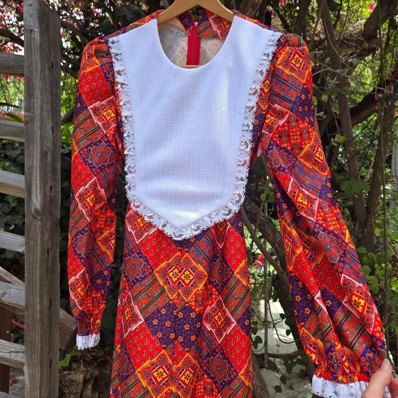 Vintage 60s 70s Polyester Patchwork Print Bib Maxi Dress