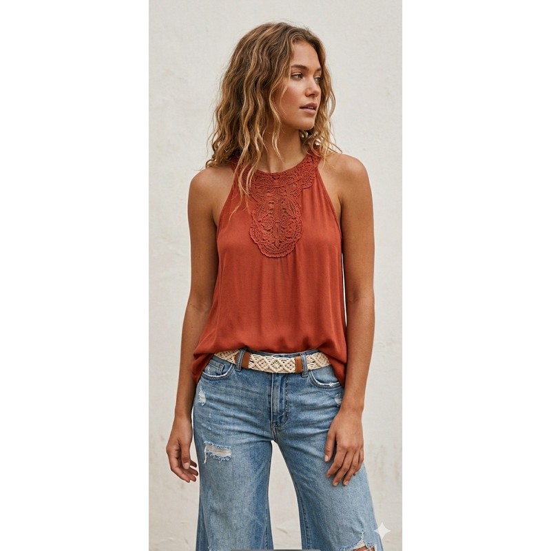 Boho Chic Burnt Orange Crochet Halter Tank Top Size Large Earthy Summer Style