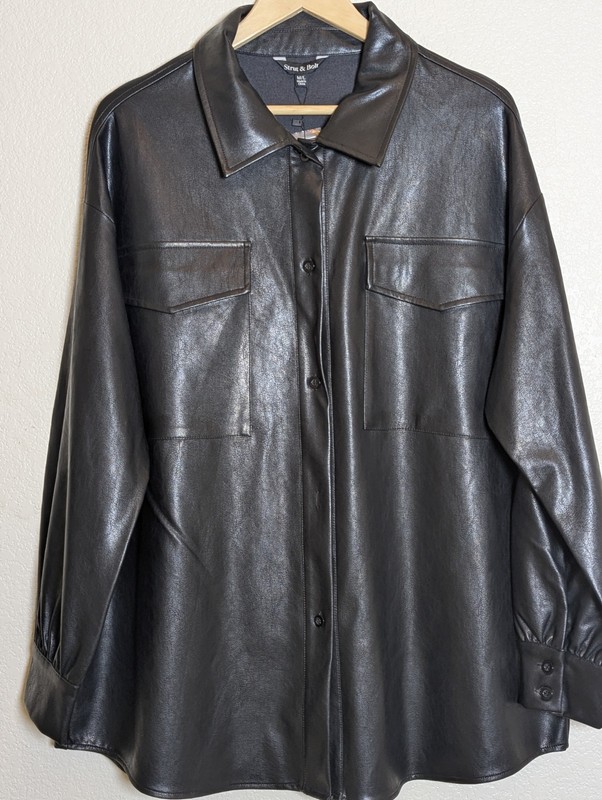 Strut & Bolt Faux Leather Shacket Womens M/L Black Button Front Oversized Shirt