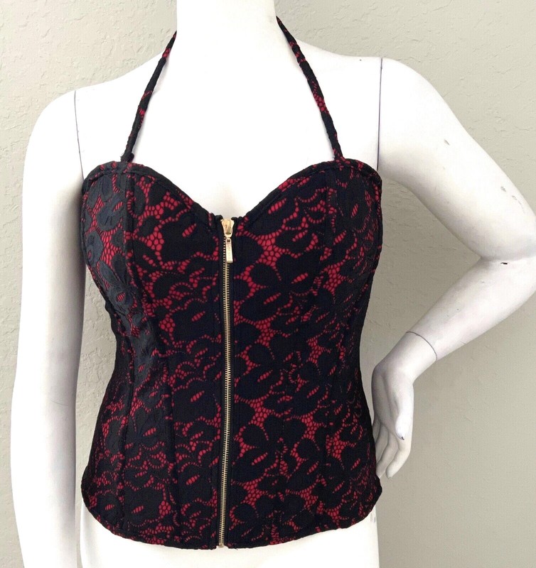 Oh Yes Lace Overlay Removable Halter Corset Bustier Black Red Plus 2XL 3XL New! gallery