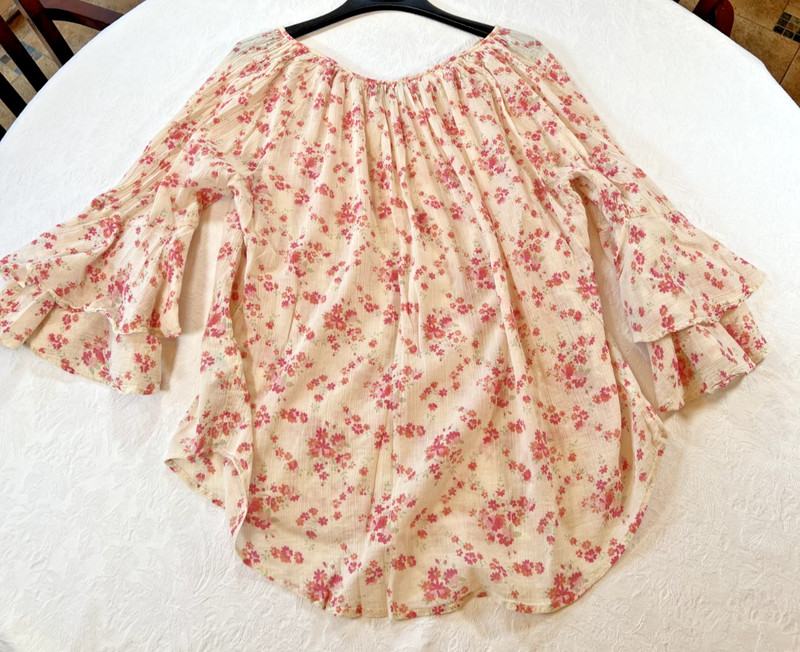 Chaps Floral Peasant Top Bell Double Ruffle Sleeves Size 1X Cotton Boho 004 gallery