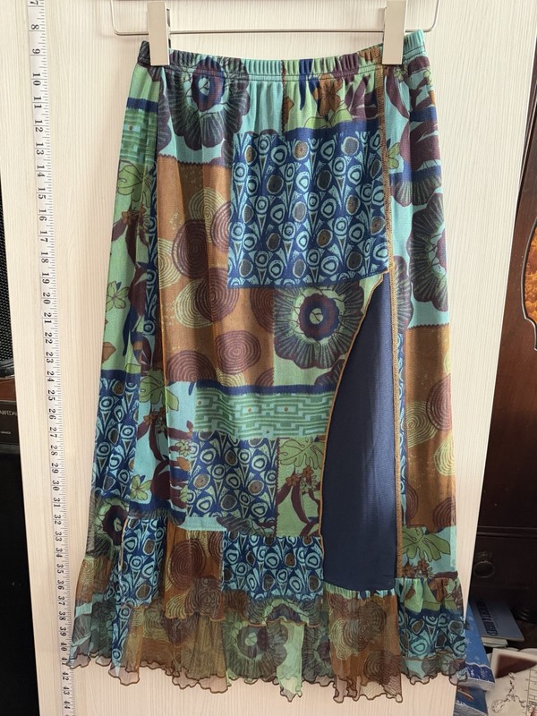 Made in France Skirt Lace Mesh w Liner A-line Blue Green Pull-on Elastic Size 42