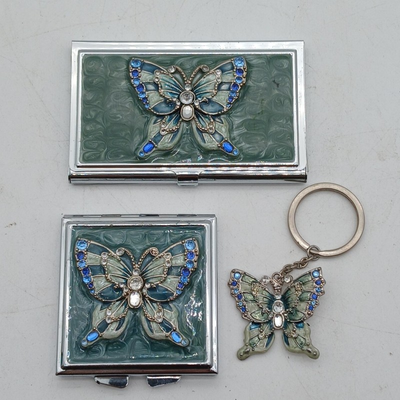 Butterfly Matching Card Holder Mirror Key Chain Enameled & Rhinstone Set