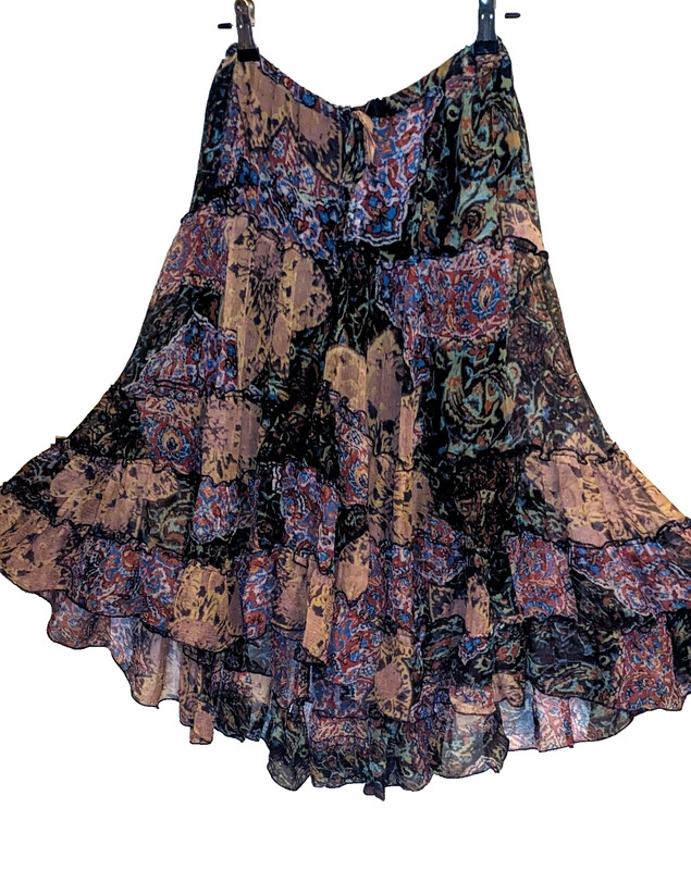 Boho layered, printed skirt, Italian silk chiffon, draw string waist, Sze M