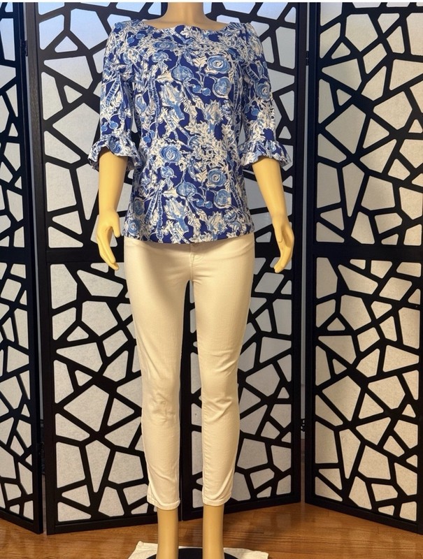 Lilly Pulitzer Blue/White Floral Boat Neck 3/4 Ruffle Sleeve Knit Top S