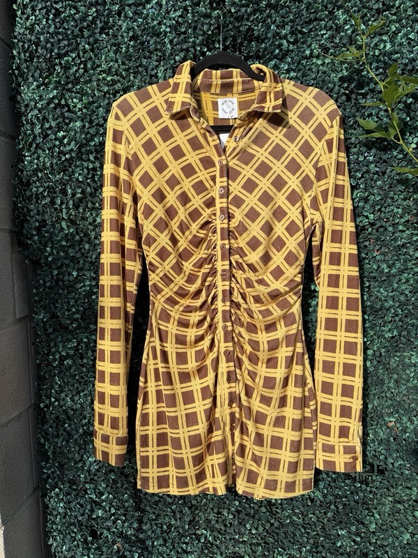 With Jean Andy Mini Dress Mustard Brown Plaid Long Sleeve NWT anthropologie