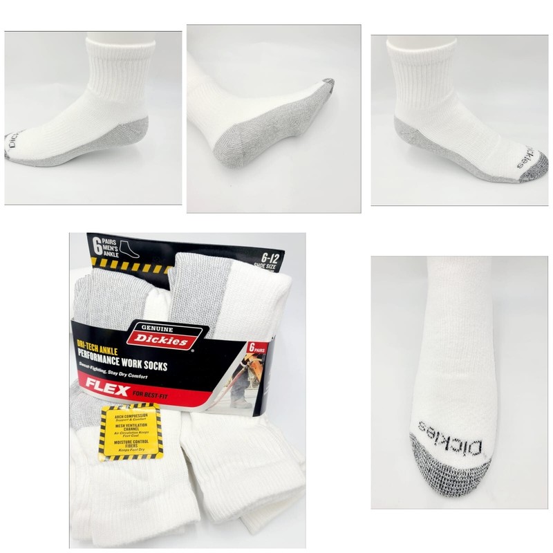 Dickies Men's Dri-tech Moisture Control Ankle Socks 6 Pairs Size 6-12 White/Gray gallery