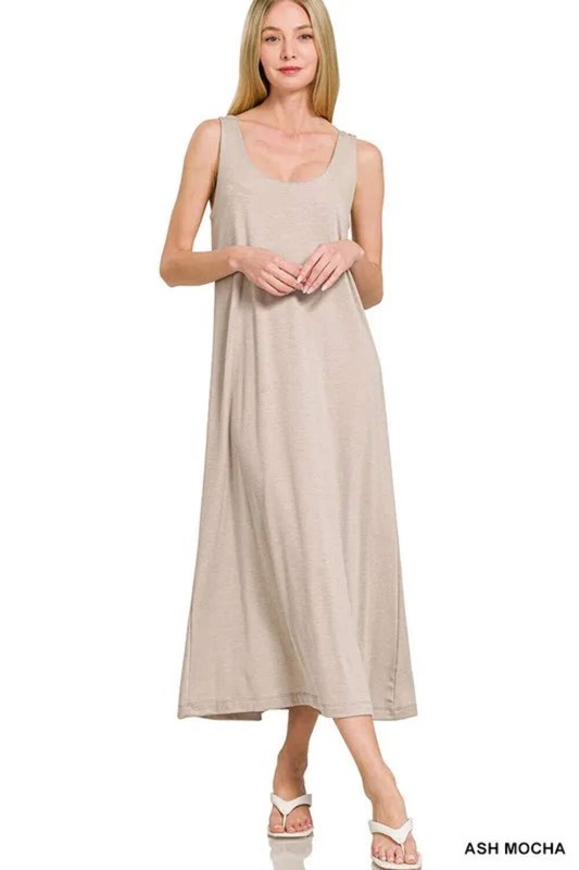 Zenana French Terry Sand Twisted Strap Tank Midi Dress