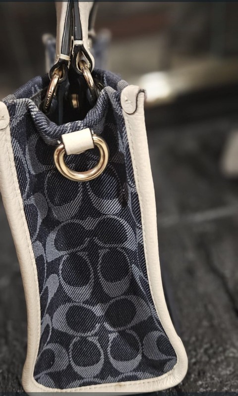 Coach Signature Logo Satchel Small Blue/Ivory Top Handle Detachable Strap
