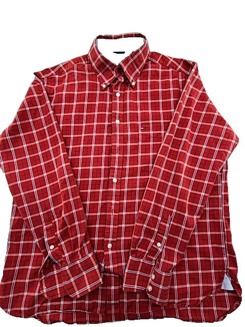 Tommy Hilfiger Mens L Red Plaid Flannel Long Sleeve Button Down