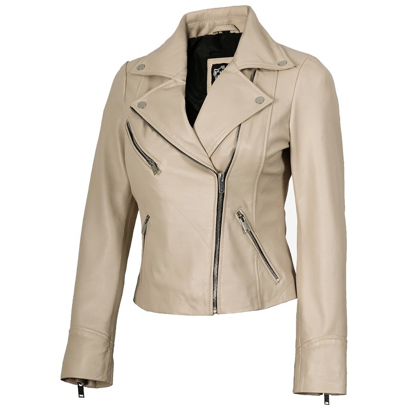 Ninfa Women’s Beige Biker Real Leather Jacket