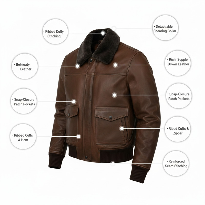 Mens Brown Real Leather Bomber Jacket G-1 Flight Pilot Winter Coat Fur Collar gallery