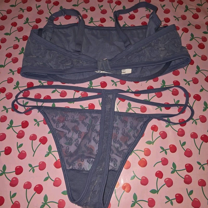 Victoria's Secret PINK Blue Mesh Logo Bra & Thong Set Unlined XXL NWT gallery