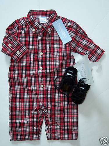 NWT Gymboree Holiday Pictures 0-3 Months Red Plaid Romper & Black Shoes 01