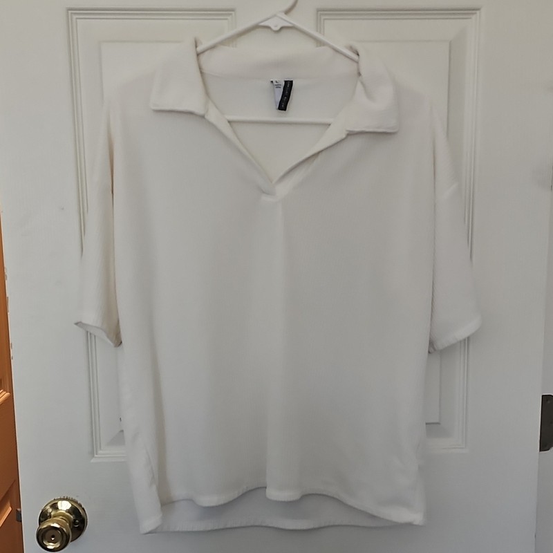 jaclyn intimates white solid knit polo collared short sleeve stretch top L