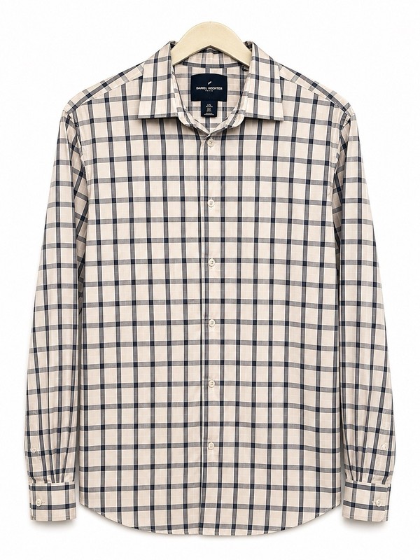 Daniel Hechter Men’s Dress Shirt L Regular Beige/Blue Check Cotton Spread 32/33