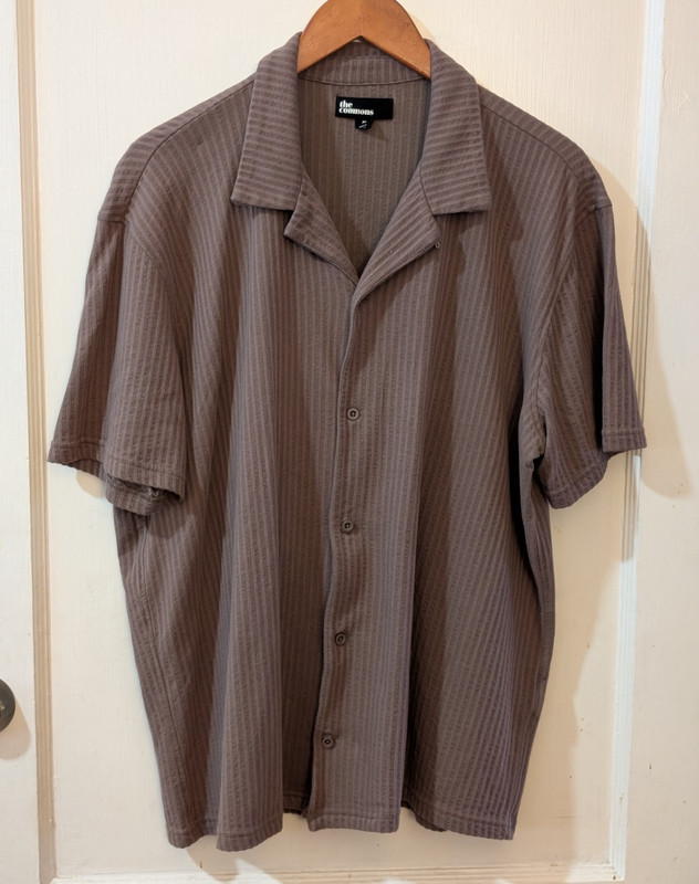 the commons Knit Cotton Blend Striped Button-Up Shirt Brown XL Short Sleeve