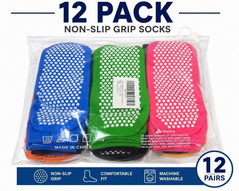12 Pk. Non-Slip Socks. Womens Size 5 – 5.5. 12 Colors. Pilates. Yoga. Hospital