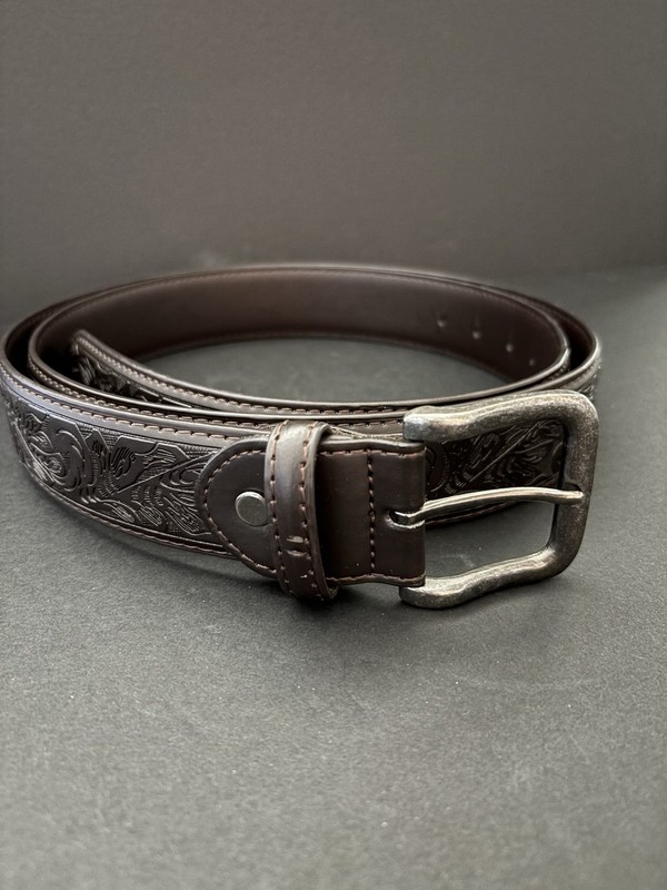 Genuine Bonded Leather Men’s Belt Western Embossed Scroll Design Sz 2XL (50-52)