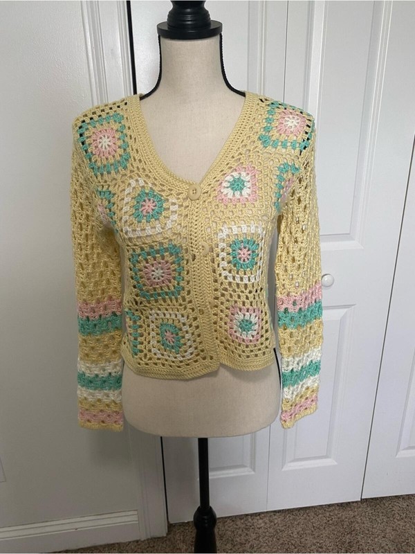 Cotton Emporium Yellow Crochet Button-Front Women’s Sweater Cardigan