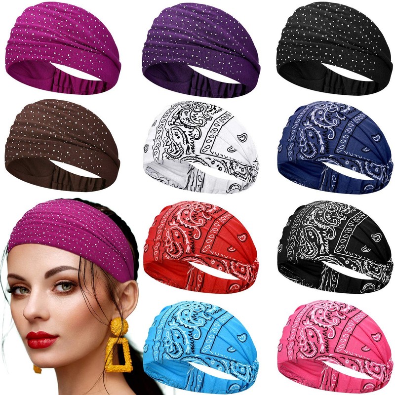 WILLBOND 10 Pcs Wide Bandana Headbands for 10 Count (Pack of 1), Multicolor