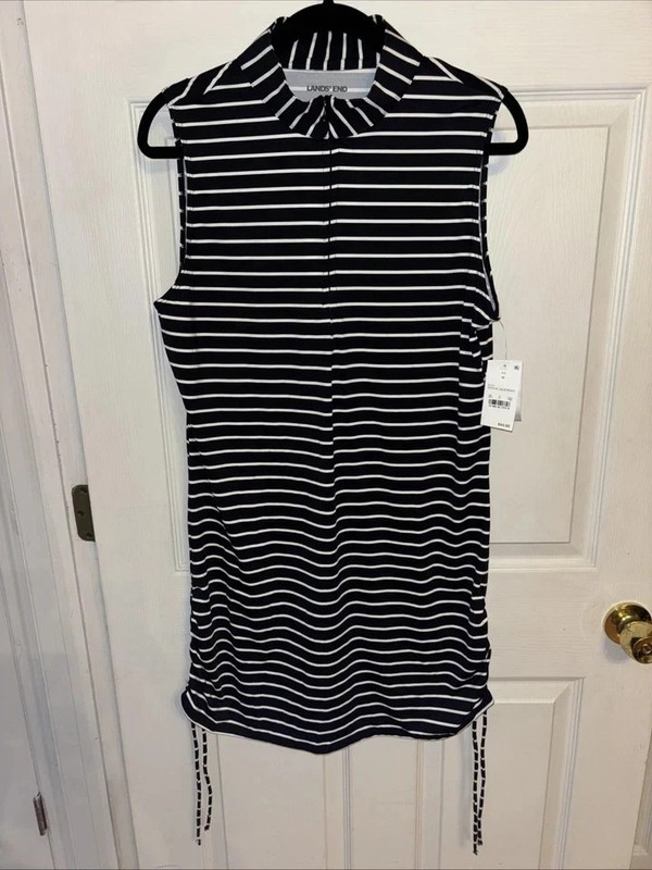 Lands’ End Swim Cover Up Dress Sleeveless Mock Neck Zip Black Stripe Size Large